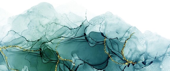 Wall Mural - alcohol ink background with fluid texture and gold glitter, dark green turqoise colors gradient, han