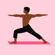 man doing yoga, yoga instructor posing war pose on matt. meditation virabhadrasana yoga exercise for body and mental health