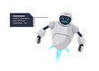 Cute white flying robot character angry. Futuristic chatbot mascot furious with speech bubble. Tech cartoon online evil bot communication problem. Robotic AI assistance talk rage emotion. Vector