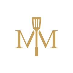 Wall Mural - double mm letter spatula kitchen restaurant food logo vector icon illustration