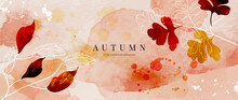 Autumn Background Design  With Watercolor Brush Texture, Flower And Botanical Leaves Watercolor Hand Drawing. Abstract Art Wallpaper Design For Wall Arts, Wedding And VIP Invite Card. Vector Eps10