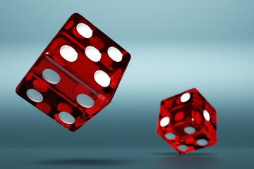 Wall Mural - 3D illustration closeup of a pair of red dices over  blue background. Red dice in flight. Casino gambling.