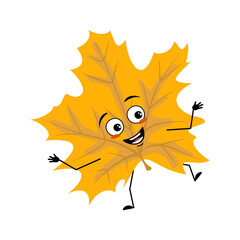maple leaf character with happy emotions, dancing, joyful face, smile eyes, arms and legs. cheerful 