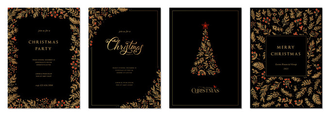 Poster - Merry Christmas and Happy Holidays cards with New Year tree, floral frames and backgrounds design. Modern versatile artistic templates.
