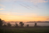 Fototapeta Sawanna - Misty morning sunrise over the field