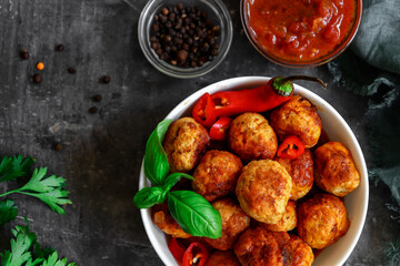 Wall Mural - Chicken meatballs in a plate. Meatballs and basil. Copyspace. Top view.