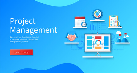 Wall Mural - project management banner. projector screen with graphs and charts. schedule, teamwork, handshake, m