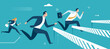 Overcoming business obstacles. Workers jump over rising obstacles like hurdle race. Business vector illustration