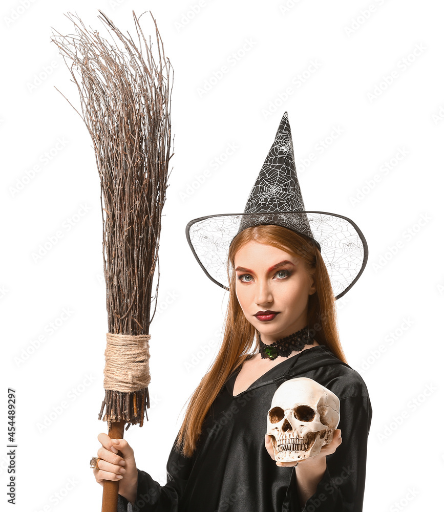 Young witch with skull on white background