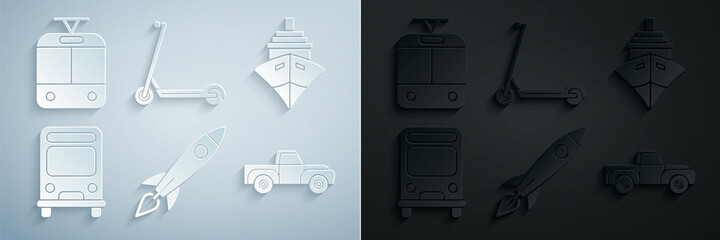 Wall Mural - Set Rocket ship with fire, Cargo, Bus, Pickup truck, Scooter and Tram and railway icon. Vector