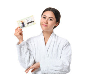 Poster - Young Asian woman with gift certificate for massage on white background