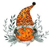 A Halloween Gnome In A Hat, With A Pumpkin And Twigs. Watercolor Fairy-tale Illustration Of A Festive Gnome.