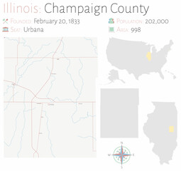  Large and detailed map of Champaign county in Illinois, USA.
