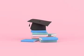 3d rendering of graduation cap and books on pink background.