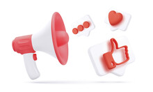 3d White And Red Megaphone With Flying Social Icons Isolated On White Background. Concept Design For Promo Banner. Vector Illustration