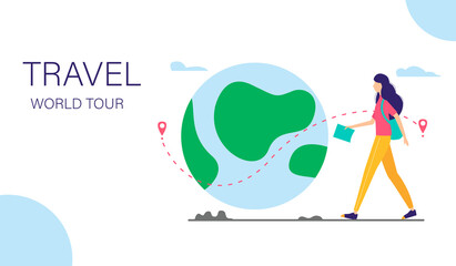 World tour vector illustration. Young girl walking with backpack and map next to the planet. Landing page template. Vector flat style illustration.