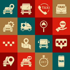 Sticker - Set Taxi call telephone service, Map pointer with taxi, Hand map, Ambulance emergency car, Car, and Magnifying glass icon. Vector