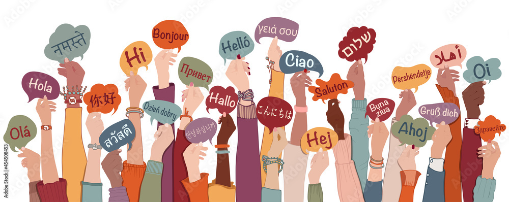 Many arms raised of diverse and multi-ethnic people holding speech bubbles with text -hallo- in various international languages. Diversity people.Racial equality.Sharing and collaboration - obrazy, fototapety, plakaty 