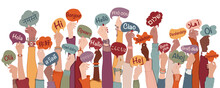 Many Arms Raised Of Diverse And Multi-ethnic People Holding Speech Bubbles With Text -hallo- In Various International Languages. Diversity People.Racial Equality.Sharing And Collaboration