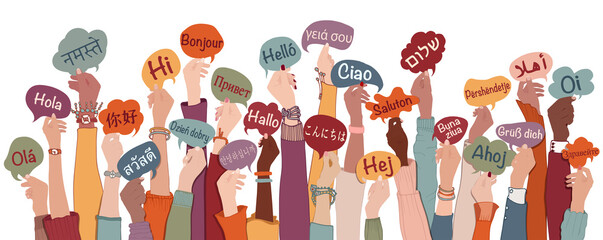 Wall Mural - Many arms raised of diverse and multi-ethnic people holding speech bubbles with text -hallo- in various international languages. Diversity people.Racial equality.Sharing and collaboration