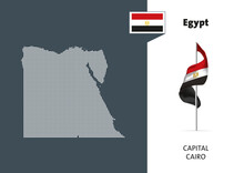 Flag Of Egypt On White Background. Dotted Map Of Egypt With Capital Name - Cairo.