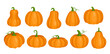 Cartoon orange cute pumpkin clipart collection, fall squash vegetable, autumn farm harvest, Thanksgiving and Helloween object isolated on white. Pumpkin set for Halloween party vector illustration