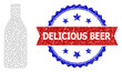 Delicious Beer textured seal imitation, and beer bottle icon triangular structure. Red and blue bicolor stamp seal contains Delicious Beer title inside ribbon and rosette.