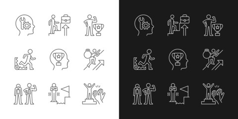 Poster - Strong motivation linear icons set for dark and light mode. Desire for recognition and approval. Customizable thin line symbols. Isolated vector outline illustrations. Editable stroke