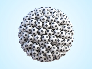 Wall Mural - Soccer balls in shape of sphere. Many classic black and white football balls arranged in sphere shape on blue background. 3d rendering