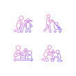 Parental involvement gradient linear vector icons set. Comforting crying child. Walking with stroller. Planting flower. Thin line contour symbols bundle. Isolated outline illustrations collection