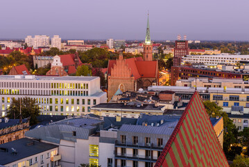 Sightseeing of Poland. Cityscape of Wroclaw, beautiful aerial night view. 