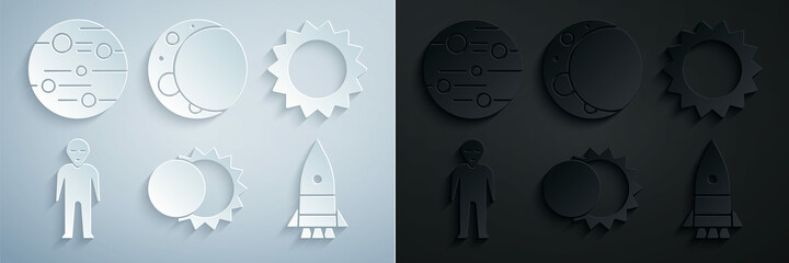 Sticker - Set Eclipse of the sun, Sun, Alien, Rocket ship, Moon and Planet Mars icon. Vector