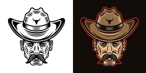 Wall Mural - Cowboy man head with mustache in hat in two styles black on white and colored on dark background vector illustration