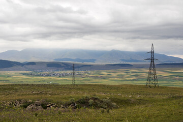 Sticker - Landscape of the village and fields in Georgia, colorful farms and nature