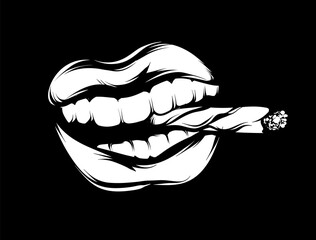 Wall Mural - Vector hand drawn  illustration of mouth with cigarette. Template for card, poster, banner, print for t-shirt, pin, badge, patch.