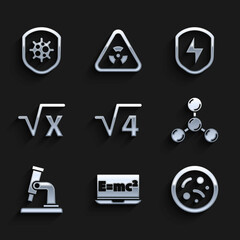 Set Square root of 4 glyph, Equation solution, Bacteria, Molecule, Microscope, x, Secure shield with lightning and Shield protecting from virus icon. Vector