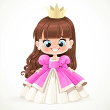 Cute Baby Princess With Long Chocolate Hair In Pink Dress Isolated On A White Background