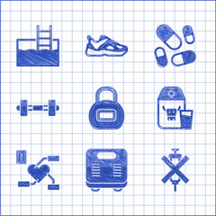 Sticker - Set Kettlebell, Bathroom scales, No doping syringe, Paper package for milk, Attention to health heart, Dumbbell, Vitamin pill and Swimming pool with ladder icon. Vector