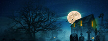 Halloween Wallpaper. Scary House Near A Cemetery With Trees, Full Moon, Bats, Fog And Pumpkins.  Spooky Halloween Picture Ideas