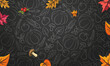 Autumn background. Blackboard. Falling leaves and mushrooms on balck textured background. Vector autumn pattern with acorns, berries, mushrooms and autumn leaves
