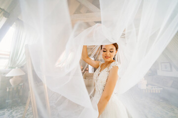 Wall Mural - portrait of a beautiful and gentle bride with a long veil. femininity and beauty