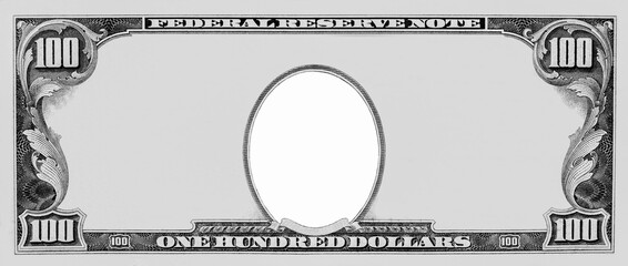 Wall Mural - Clear 100 Dollar Banknote pattern, One hundred dollar border with empty middle area, U.S. 100 highly detailed dollar banknote. on a white background.