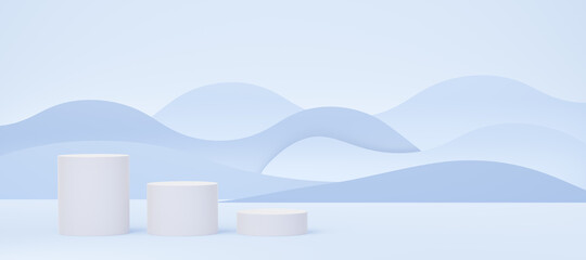 Wall Mural - 3 Empty white cylinder podium on blue wave background. Abstract pastel minimal studio 3d geometric shape. Mockup space for display of product design. Paper cut style. 3d rendering.