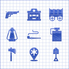 Poster - Set Smoking pipe, Hexagram sheriff, Shovel, Canteen water bottle, Tomahawk axe, Camping lantern, Wild west covered wagon and Revolver gun icon. Vector