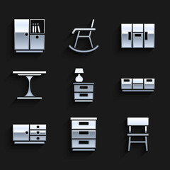 Sticker - Set Furniture nightstand with lamp, Chair, Chest of drawers, Round table, Wardrobe and icon. Vector