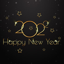 Happy New Year 2022. Festive Background Design With Golden Numbers 2022, Text And Shimmery Highlights On Dark Backdrop. Suitable For Postcards, Posters, Banners.