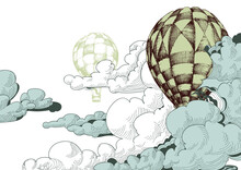 Hot Air Balloons In The Clouds, Sky Background With Space For Text