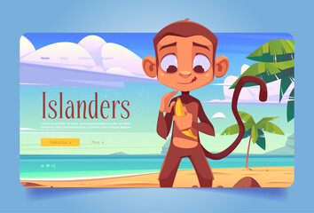 Wall Mural - Islanders banner with monkey on sand beach with palm trees. Vector landing page of exotic vacation with cartoon tropical landscape of sea shore and ape with banana