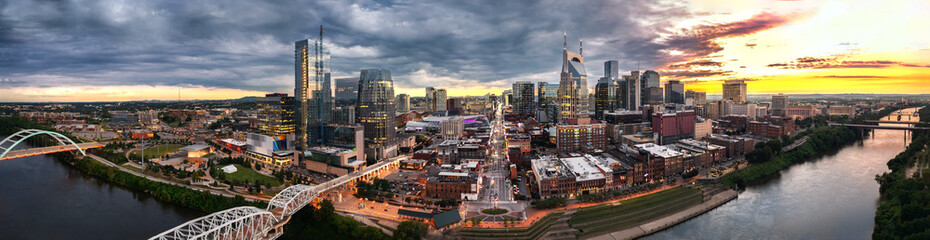 Wall Mural - nashville skyline with braodway and sunset