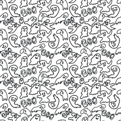  Hand drawn halloween seamless pattern. The contours of the ghosts on a transparent background. Vector illustration.